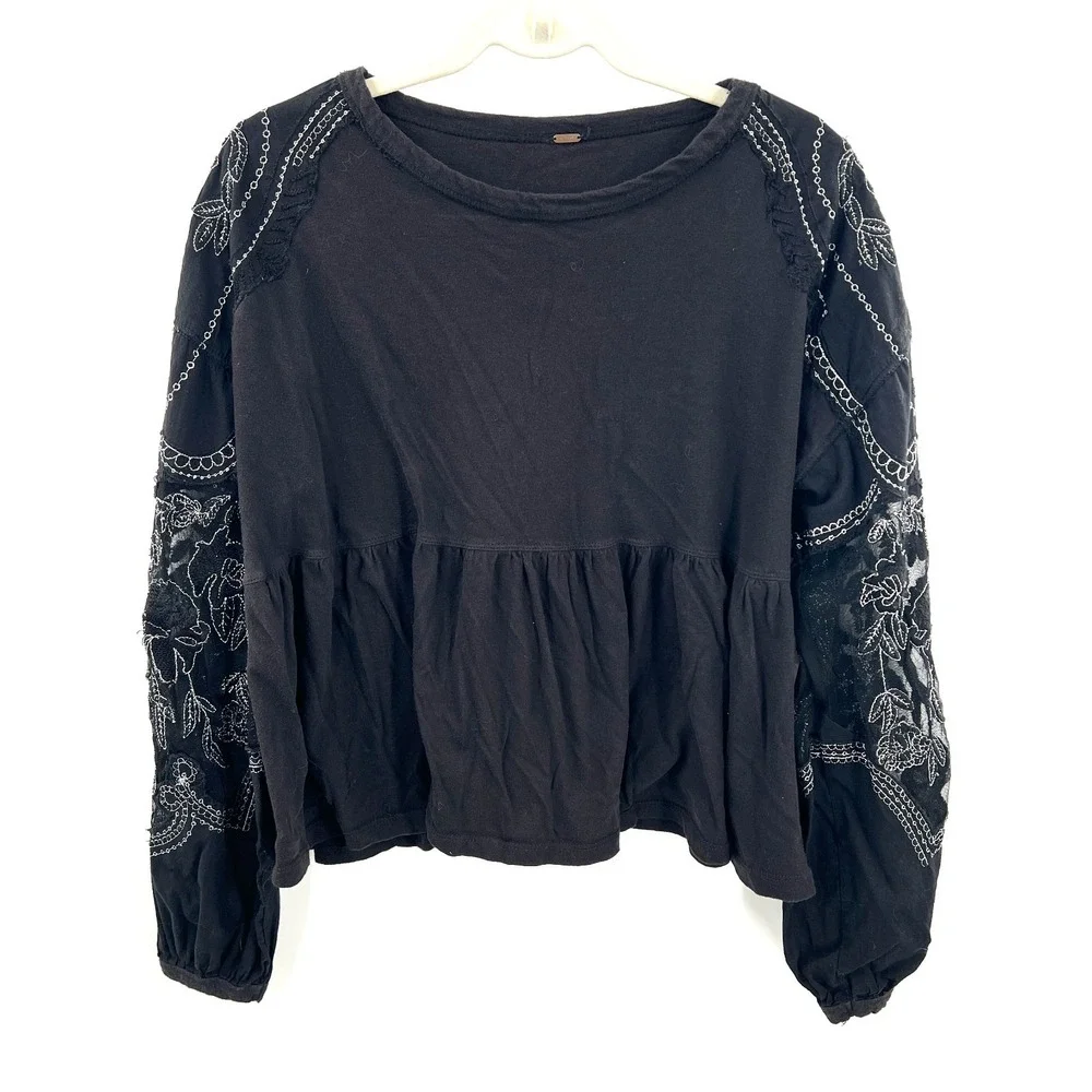 Free People Embroidered Penny Tee black whimsigoth boho‎ whimsical blouse top S